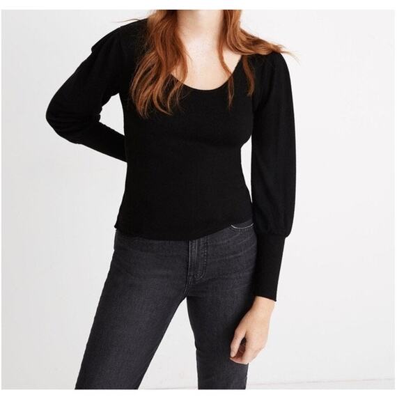 Madewell Top Women's Medium Black Puff Long Sleeve Scoopneck Blouse Soft - Picture 1 of 8